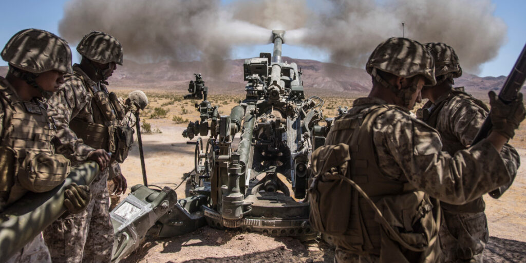 Marines fire the M777 Howitzer during field training activities in Twenty-nine Palms