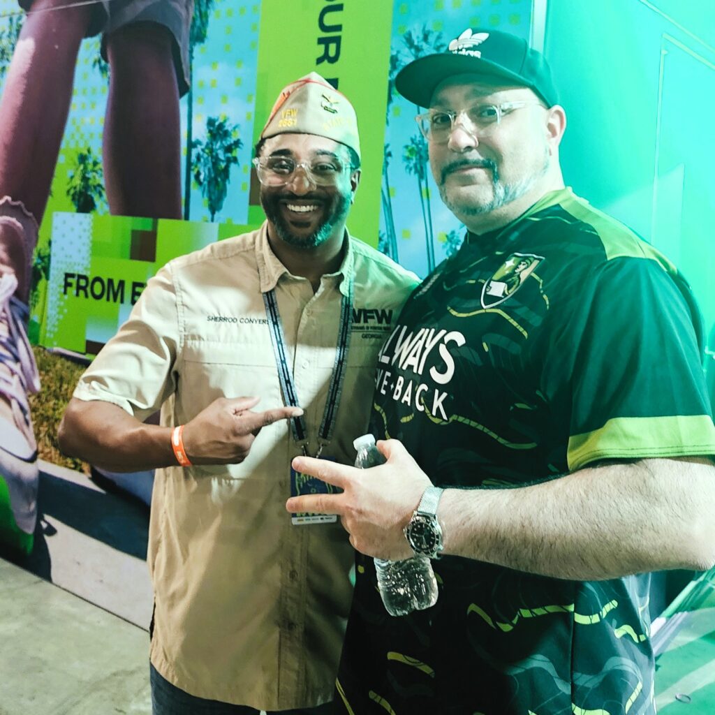 Jr Vice Commander Sherrod Conyers meets the founder of Always Give Back Foundation, Peeps, while at DreamHack Atlanta 2025.